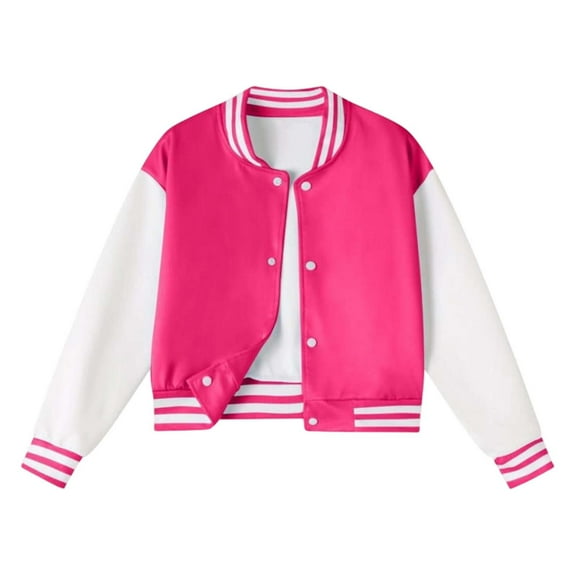 WhouRiu Big Girl' Bomber Jacket Color Block Long Sleeve Button Up Crop Jacket Child Lightweight Athletic Autumn Jackets Red,Sized 7-8