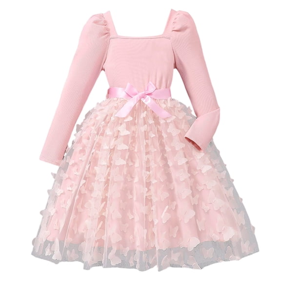 WhouRiu Big Girl Dress Square Neck 3D Butterfly Long Sleeve Tulle Gown Kids Formal Princess Party Dresses Pink,Sized 9-10