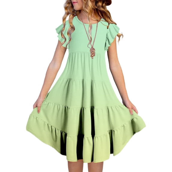 WhouRiu Big Girl Dresses Gradient Tie-Dye Graphic Sleeveless Dress Children Party Loose Beach Summer Green,Size 12-13 Y