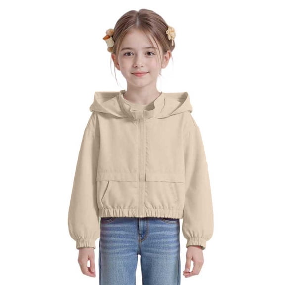 WhouRiu Big Girl's Jacket Lightweight Long Sleeve Hooded Zipper Jacket Child Solid Loose Athletic Outerwear Jackets Beige,Sized 7-8