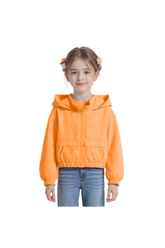 Big Girl Jacket Solid Zipper Hooded Crop Jackets Children Lightweight Windproof Fall Outwear Jackets Orange,Sized 13-14