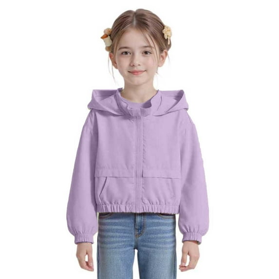 WhouRiu Big Girl Jacket Solid Zipper Hooded Crop Jackets Children Lightweight Windproof Fall Outwear Jackets Purple,Sized 7-8