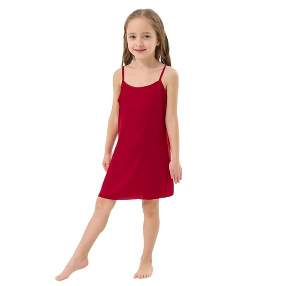 WhouRiu Big Girl Outfit Set Elegant Sleeveless Lightweight Satin Nightgown Children Soft Silk Sleepwear Robe,1-Piece Red,Size 7-8 Y