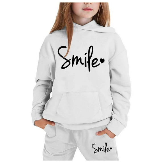 WhouRiu Big Girl Outfit Sets Letter Print Long Sleeve Hoodie Top and Pants Kids Casual Spring Fall Outfits White,Sizes 8-9