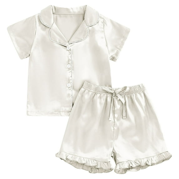 WhouRiu Big Girl Pajama Set Solid Ruffle Short Sleeve Blouse Shorts Child Summer Satin Silk Pajamas White.Sizes 12-13