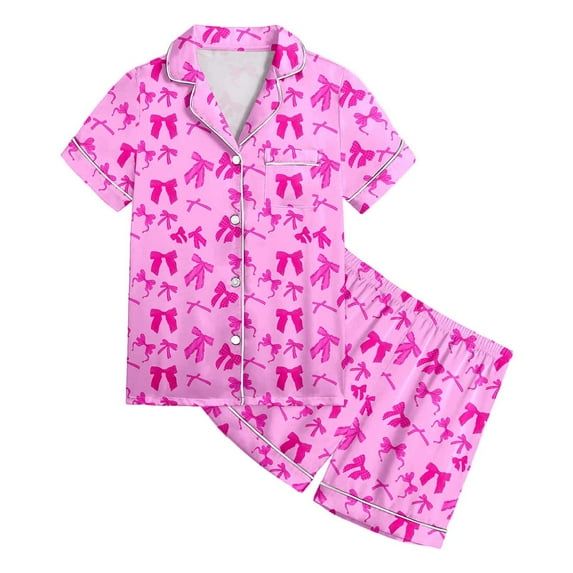 WhouRiu Big Girl Satin Outfits Bow Print Short Sleeve Button Shirt Shorts Silk Kid Stylish Soft Comfy Sleepwear Outfits Pink,Size 11-12 Y