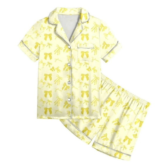 WhouRiu Big Girl Satin Outfits Bow Print Short Sleeve Button Shirt Shorts Silk Kid Stylish Soft Comfy Sleepwear Outfits Yellow,Size 13 Y