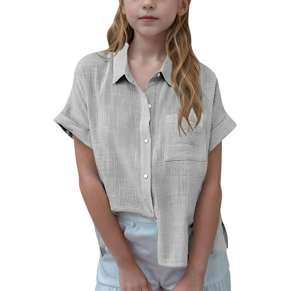 WhouRiu Big Girl' Shirts Short Sleeved Pleated Button Linen Shirt Kids Spring Summer Casual Top Gray,Sizes 13-14