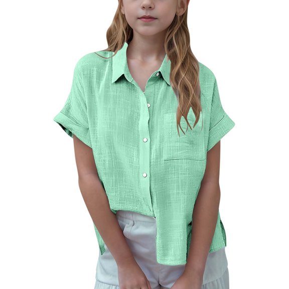 WhouRiu Big Girl' Shirts Short Sleeved Pleated Button Linen Shirt Kids Spring Summer Casual Top Green,Sizes 9-10
