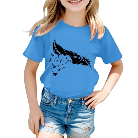WhouRiu Big Girl T Shirt Feather Prints Short Sleeve Pullover Tee Child Soft Cozy Casual T-Shirts Blue,Sized 12-13