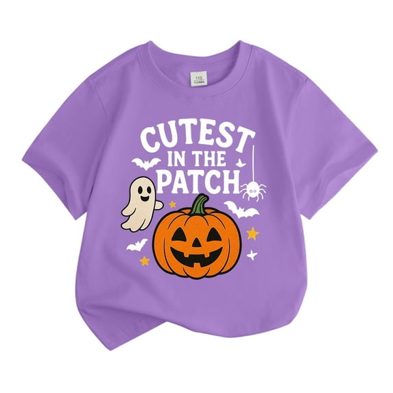 WhouRiu Big Girl T-Shirt Halloween Pumpkin Prints Short Sleeve T Shirt Child Holiday Party Loose Cozy Tees Purple,Sized 12-13