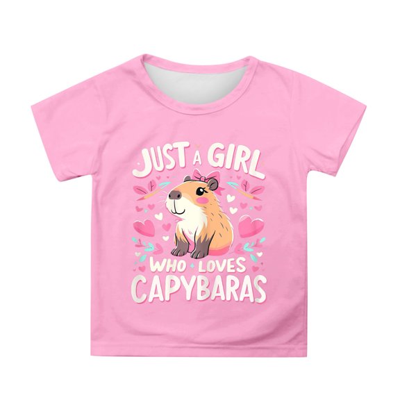 WhouRiu Big Girl T Shirt Short Sleeve Cartoon Capybara Graphic Crew Neck Casual Top Kids Soft Comfy Loose Tee Pink,Sized 8-9