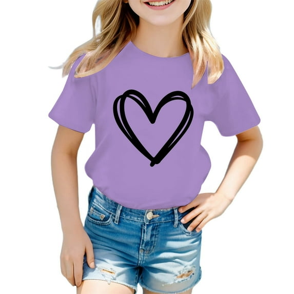 WhouRiu Big Girl T Shirts Love Prints Short Sleeve Tee Clothes Kids Summer Fashion T Shirts Purple,Sizes 8-9