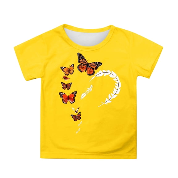 WhouRiu Big Girl Tshirt Butterfly Prints Short Sleeve T Shirt Child Active Outdoor Breathable Comfy Tees Yellow,Sized 12-13