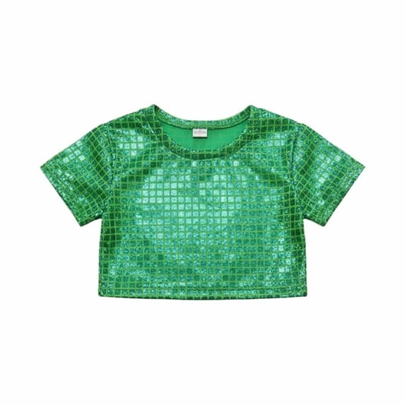 WhouRiu Big Girl Tshirt Glitter Sequin Short Sleeve Crop Top Children Stage Holiday Party Wear Casual T Shirts Green,Sized 13-14