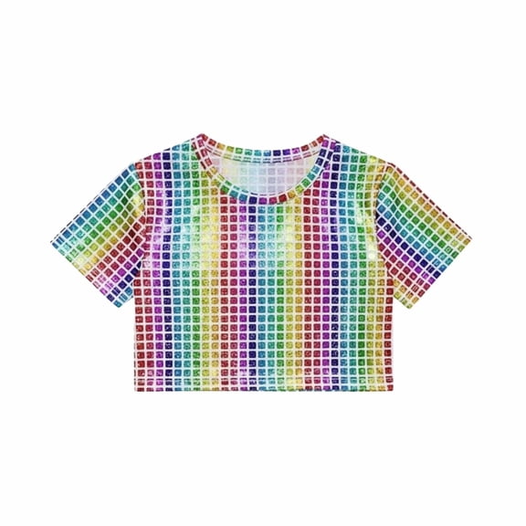 WhouRiu Big Girl Tshirt Glitter Sequin Short Sleeve Crop Top Children Stage Holiday Party Wear Casual T Shirts Multi-color,Sized 15-16