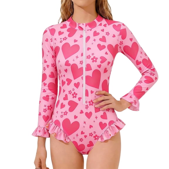 WhouRiu Big Girl's One Piece Swimsuit Heart Print Long Sleeve Zip Rash Guard Beach Training Bathing Suit