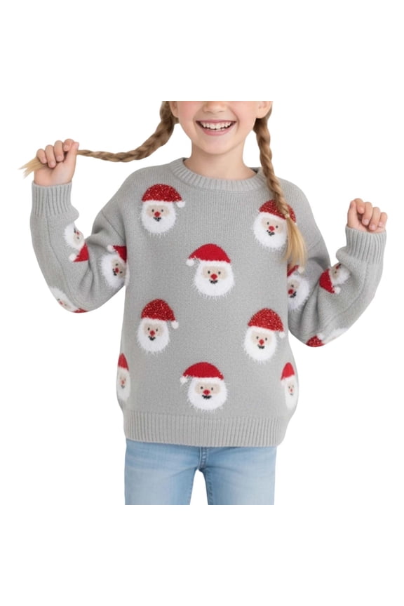 Big Girl's Sweater Christmas Santa Prints Knit Sweater Child Cozy Warm Classic Holiday Winter Sweaters Gray,Sized 7-8