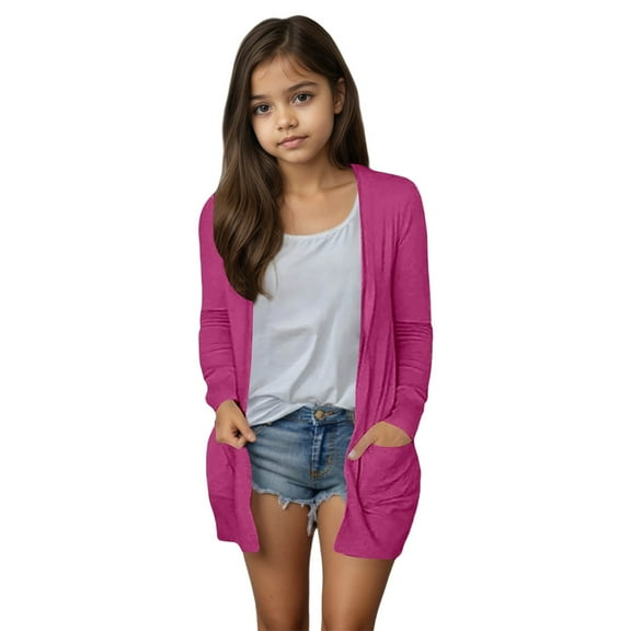 WhouRiu Big Girl Sweater Stylish Soft Knitted Long Cardigan with Pockets Kids Comfy Lightweight Outerwear Sweaters Pink,Sized 9-10