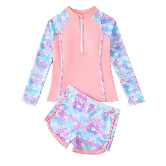 WhouRiu Big Girl's Swimwear Set Long Sleeve Fish Scale Tshirt with Padded Shorts Kids Board Pool Beachwear Swimsuit Pink,Size 7-8 Y