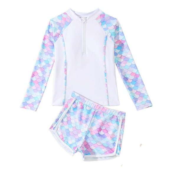 WhouRiu Big Girl's Swimwear Set Long Sleeve Fish Scale Tshirt with Padded Shorts Kids Board Pool Beachwear Swimsuit White,Size 8-9 Y