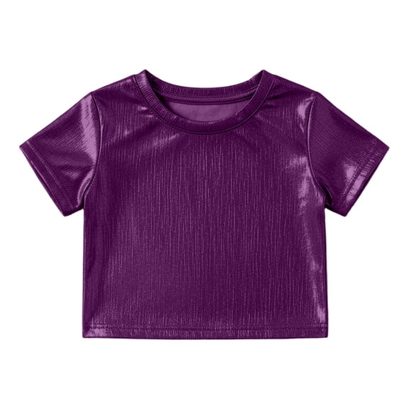 WhouRiu Big Girl's Tshirt Sequins Short Sleeve Crop T Shirt Children Holiday Party Cozy Dancewear T Shirts Purple,Sized 7-8