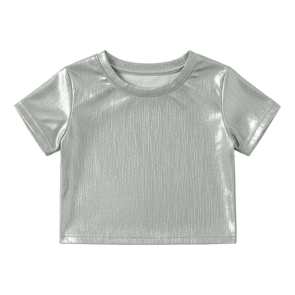 WhouRiu Big Girl's Tshirt Sequins Short Sleeve Crop T Shirt Children Holiday Party Cozy Dancewear T Shirts White,Sized 7-8