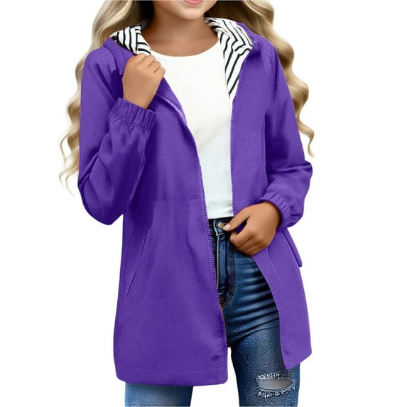 WhouRiu Big Girl's Windbreaker Jacket Zipper Striped Hooded Long Jacket Kids Lightweight Outdoor Windproof Jackets Purple,Sized 15-16