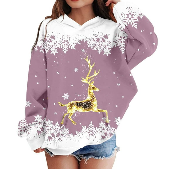 WhouRiu Big Girls Christmas Sweatshirt Reindeer Print Sweatshirt Holiday Party Cozy Loose Sweatshirts Pink,Sized 7-8
