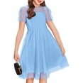 thumbnail image 1 of WhouRiu Big Girls' Dress Fashion Short Sleeve Mesh Dress Child Summer Elegant Party Princess Tulle Dresses Blue,Size 11-12 Y, 1 of 2