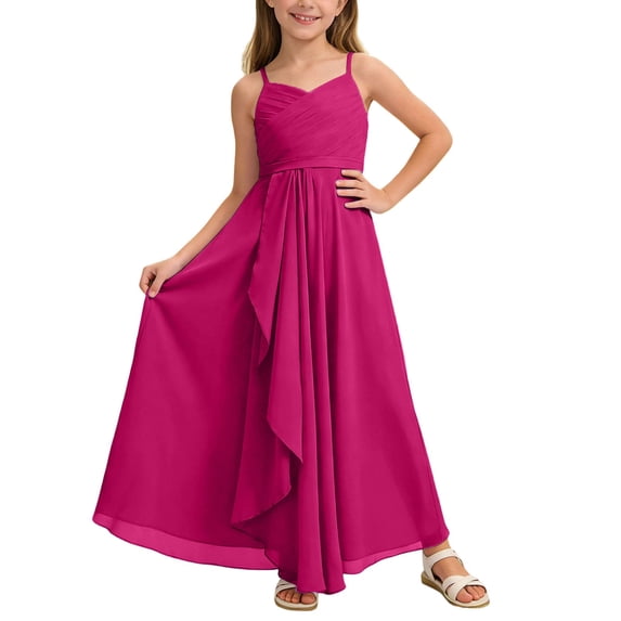 WhouRiu Big Girls Dress Summer A Line Strap Tulle Maxi Dresses Solid Wedding Party Pageant Flowy Gown Red