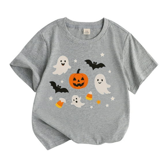 WhouRiu Big Girls' Halloween Tshirt Cartoon Prints Short Sleeve Shirt Children Party Comfy Casual Tee Gray,Sized 12-13