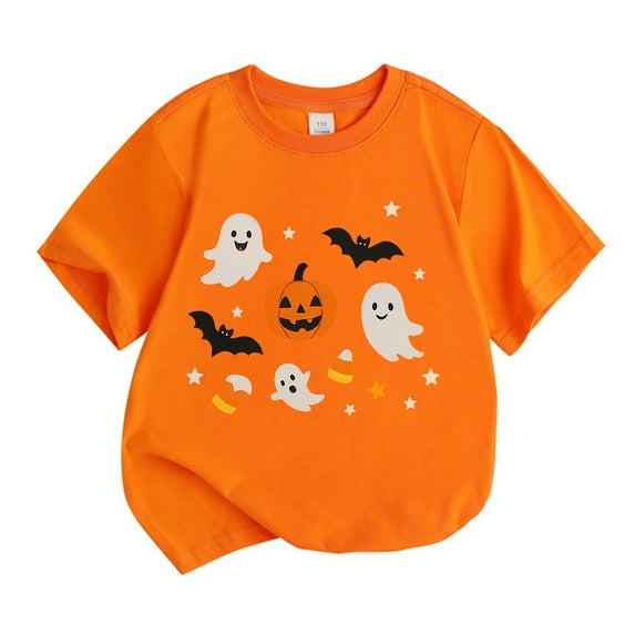 WhouRiu Big Girls' Halloween Tshirt Cartoon Prints Short Sleeve Shirt Children Party Comfy Casual Tee Orange,Sized 12-13