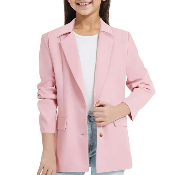 WhouRiu Big Girls' Jacket Long Sleeve Open Front Lapel Jacket with Inner Pocket Kids Casual Suit Pink,Sizes 7-8