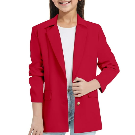 WhouRiu Big Girls Jacket Long Sleeve Open Front Lapel Jackets with Inner Pocket Kids Casual Fall Suit Red,Sizes 11-12