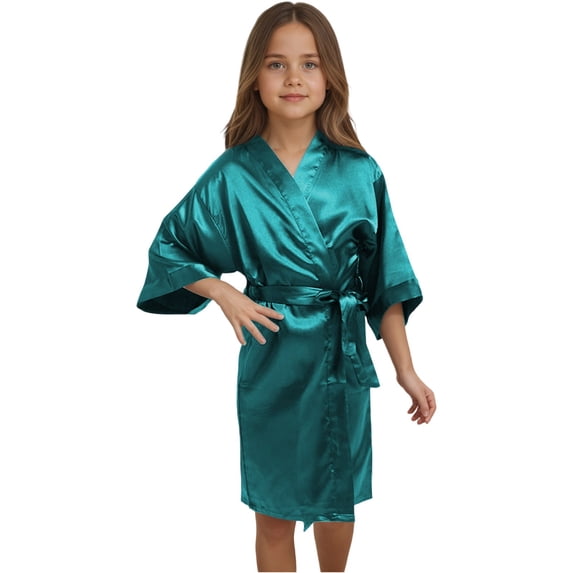 WhouRiu Big Girls Outfit Set Long Sleeve Relaxed Satin Robe Kids Silk Birthday Wedding Party Spa Outfits,1-Piece Green,Size 11-12 Y