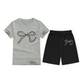 thumbnail image 1 of WhouRiu Big Girls Outfit Set Short Sleeve Bow Print T Shirt Loose Shorts Child Comfy Streetwear Outfits Gray.Sizes 10-11, 1 of 3