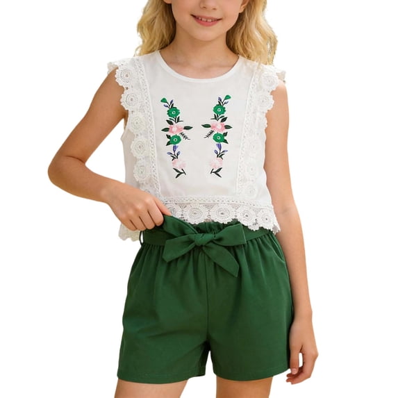 WhouRiu Big Girls Outfits Ethnic Print Lace Sleeveless Crop Top Shorts Child Summer Thin Fashion Outfit Set Green,Size 9-10 Y