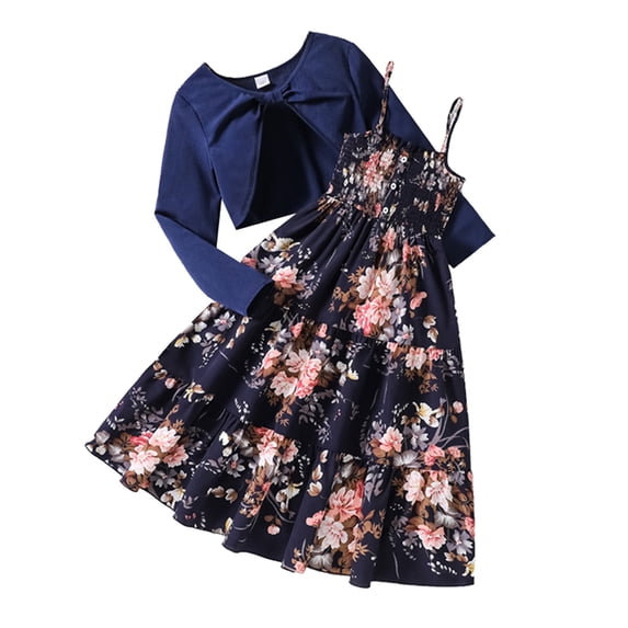 WhouRiu Big Girls Outfits Floral Prints Dress Long Sleeve Cardigan Child Stylish Loose Fall Winter Outfit Set Blue,Sized 7-8