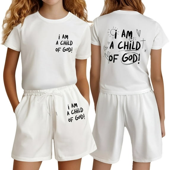 WhouRiu Big Girls Outfits Print Short Sleeve T-Shirt Shorts Child Summer Casual Sports Clothes Sets White,Sizes 11-12