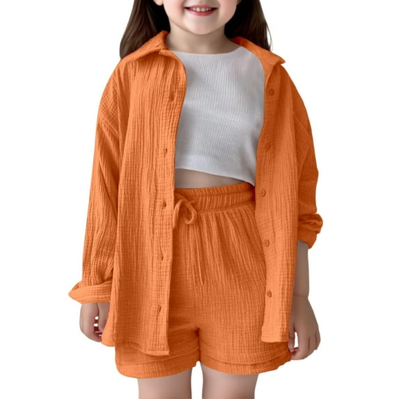 WhouRiu Big Girls Outfits Solid Long Sleeve Shirt Elastic Waist Shorts Children Spring Summer Loose Outfit Set Orange,Sizes 13-14