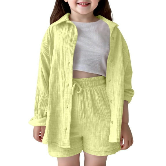 WhouRiu Big Girls Outfits Solid Long Sleeve Shirt Elastic Waist Shorts Children Spring Summer Loose Outfit Set Yellow,Sizes 13-14