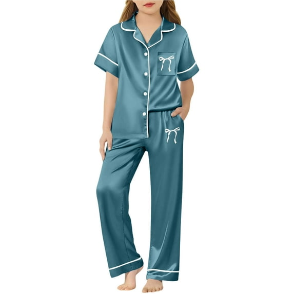 WhouRiu Big Girls' Outfits for Sleepwear Bow Print Short Sleeve Top Pants Kid Satin Solid Soft Home Wear Outfit Set Green,Size 9-10 Y