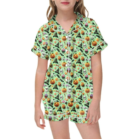 WhouRiu Big Girls Pajama Set Halloween Prints Short Sleeve Button Shirts Shorts Child Comfy Silk Sleepwear Outfits Green,Sized 12-13