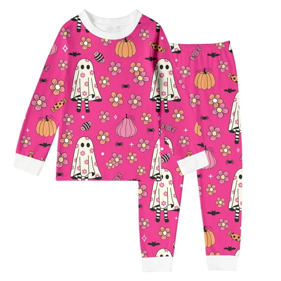WhouRiu Big Girls' Pajamas Halloween Cute Print Long Sleeve Sleepwear Top Pants Child Comfy Soft Outfits Pink,Sized 8-9