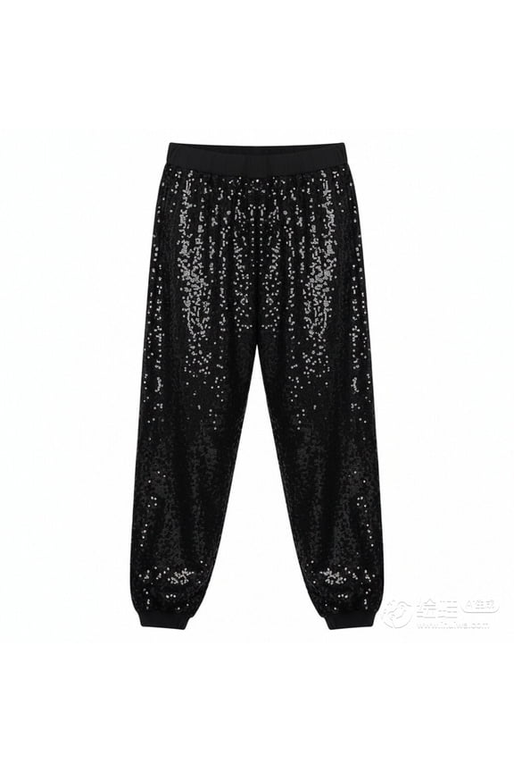 Big Girls Pants Carnival Sequin Jogger Pants with Elastic Waist Glitter Dancewear Hop Party Trousers Black,Size 7-8