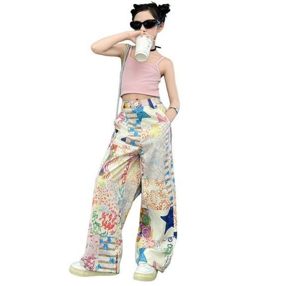 WhouRiu Big Girls' Pants Fashion Prints Elastic Waist Wide Leg Cargo Pants Child Streetwear Baggy Trousers White,Sizes 7-8