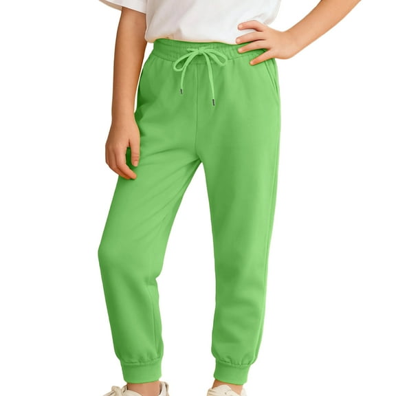 WhouRiu Big Girls' Pants Warm Stretch Waist Jogger Sweatpants Children Comfortable Athletic Autumn Casual Trousers Green,Sized 9-10