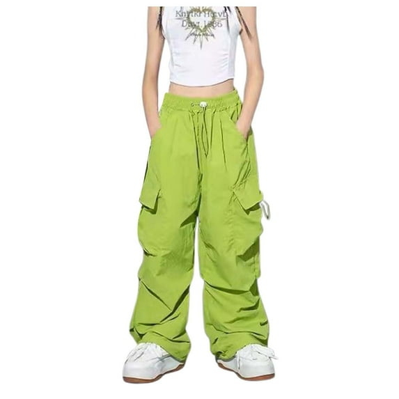 WhouRiu Big Girls Pants High Drawstring Elastic Waist Cargo Pants Kids Baggy Streetwear Trousers Green,Sizes 13-14