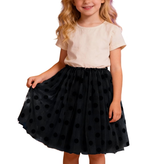 WhouRiu Big Girls Skirt Dance Party Polka Print Tulle Skirt Children Stretch Waist Cozy Ballet Princess Skirts Black,Sized 7-8